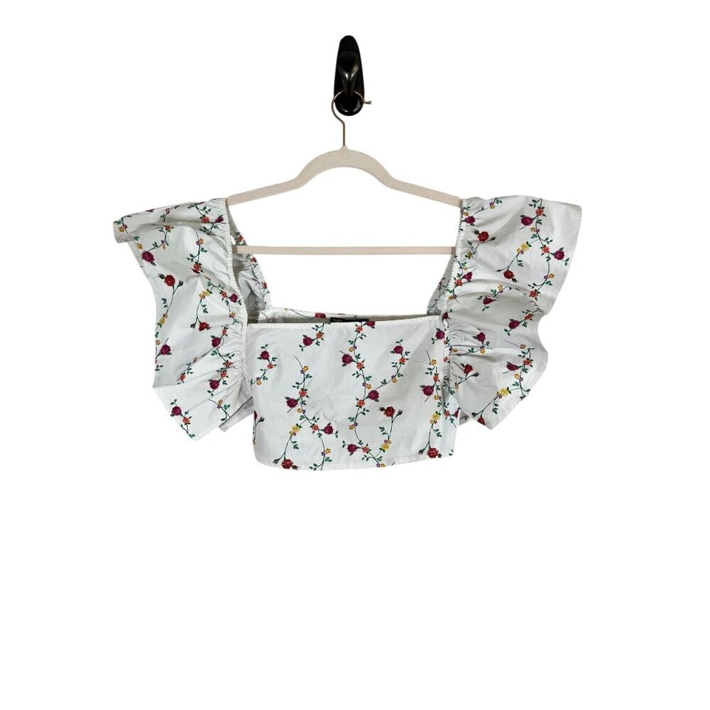 Zara Floral Ruffle Crop Top White S Feminine Coquette Boho Indie Folk Festival‎